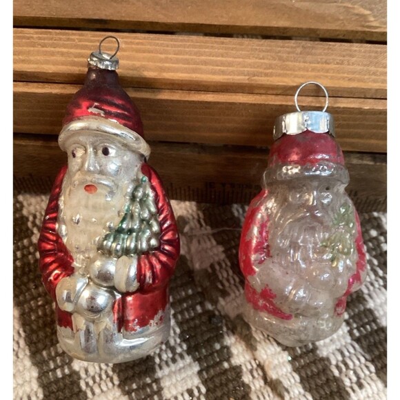 Vintage Mercury Glass Santa Claus Small Christmas Tree Ornaments Painted - Picture 1 of 11